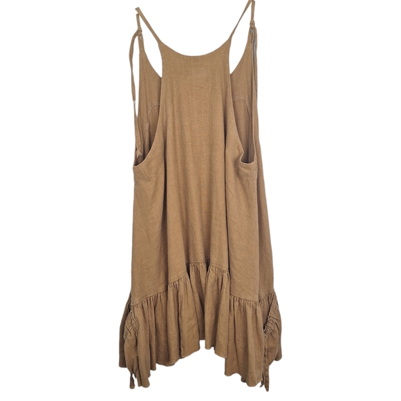 100% Linen Heart's Desire by Mary Grace L Tan Strap Ruffle Dress w Pockets - Picture 2 of 9
